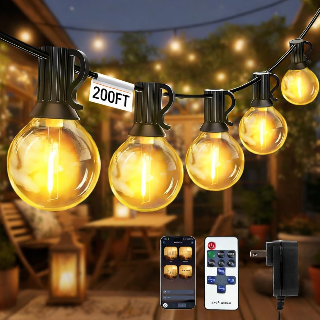 echosari Outdoor String Lights with APP Control, 200FT G40 LED String Lights for Outside with 84 Shatterproof Bulbs, Hanging Patio Lights for Balcony Apartments Backyard, Bistro,Garden, Porch, Party