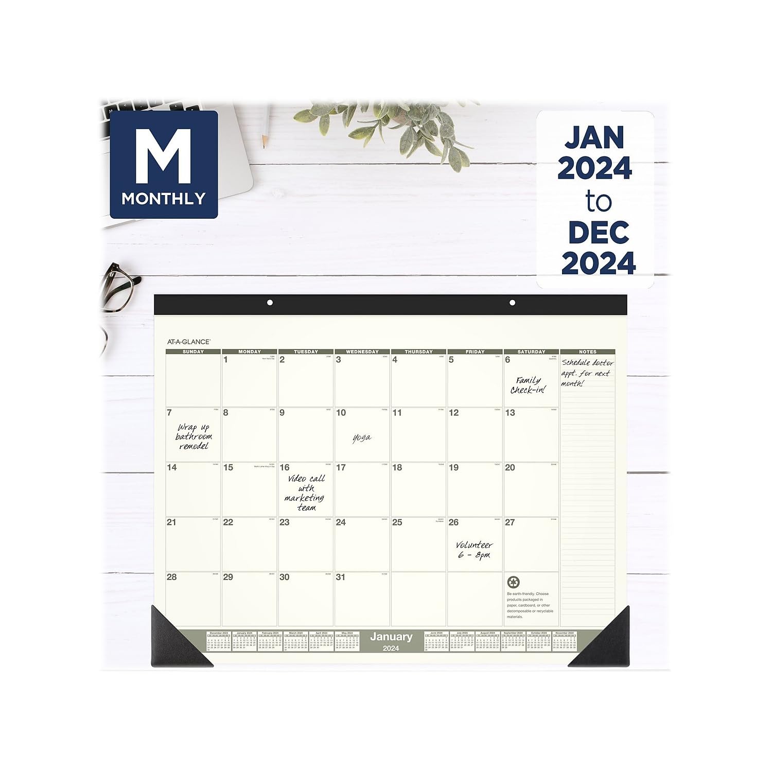 2024 AT-A-GLANCE® Recycelter Monatskalender für Schreibtischunterlage, 55,9 x 43,2 cm, 100 % recycelt, Januar bis Dezember 2024, SK32G00