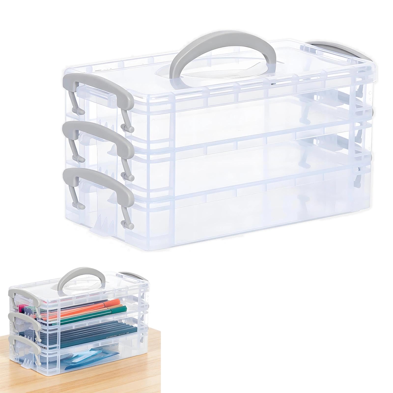 Plumaire 3 Tier Pencil Box with Handle, Stackable Plastic Pencil Box with Snap-Tight Lid and Handle, Portable Pencils Case for Pens, Beads, Jewelry, Stickers, Art and Office Supplies.