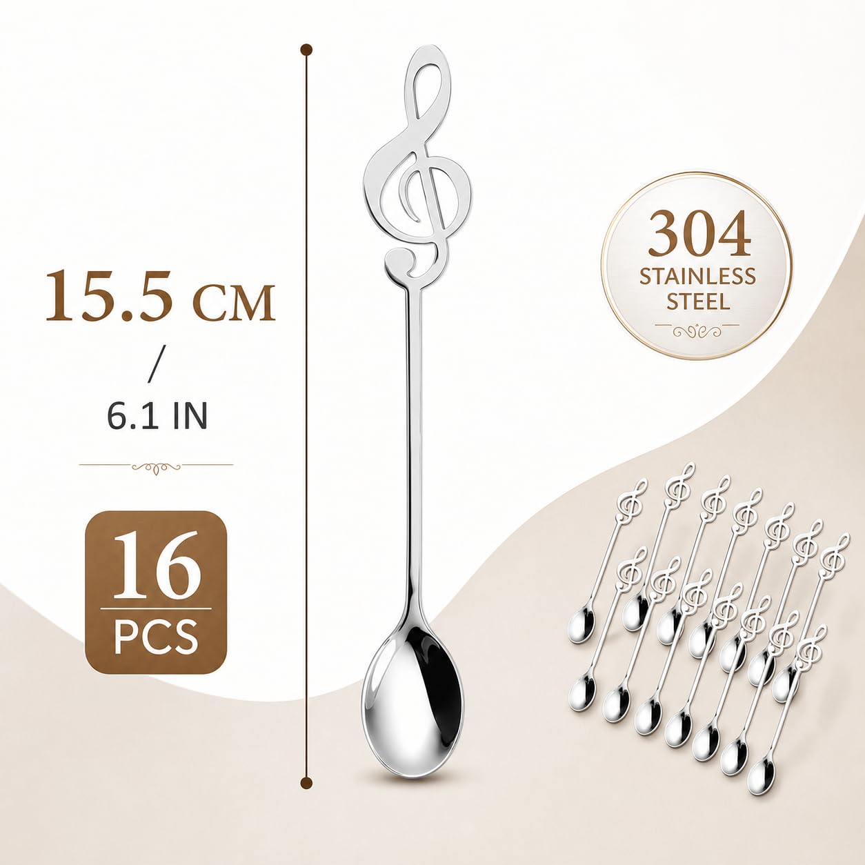 MIVIDE 16 Pezzi Cucchiaini da Caffè Note Musicali, Cucchiai da Dessert in Acciaio Inox, Cucchiaini Decorazione per Musicisti, Caffè, Tè, Dessert (Argento)