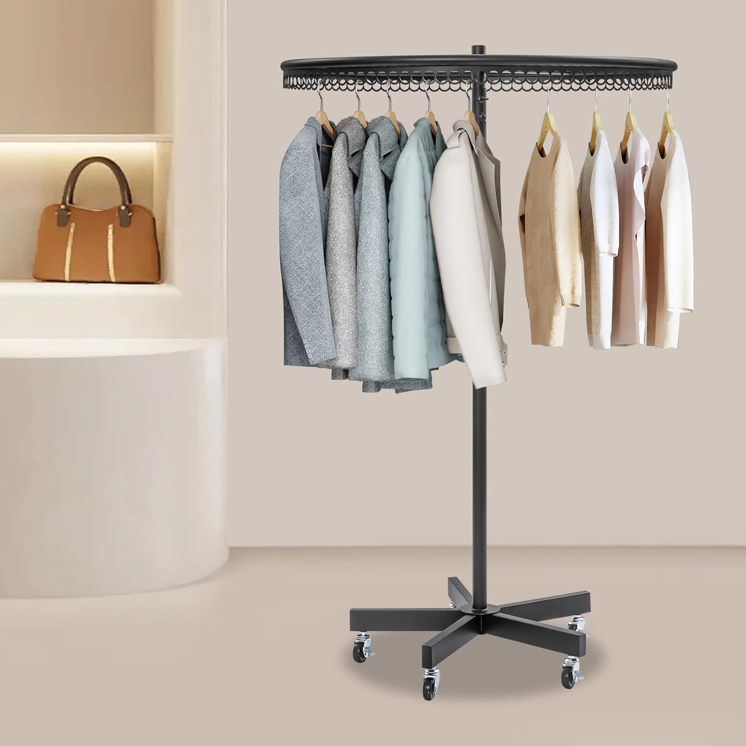 Rotatable Round Garment Rack with Wheels, Height Adjustable Floor Standing Metal Clothing Rack, Commercial Clothes Display Stand for Retail Boutiques Laundry Room (Black)