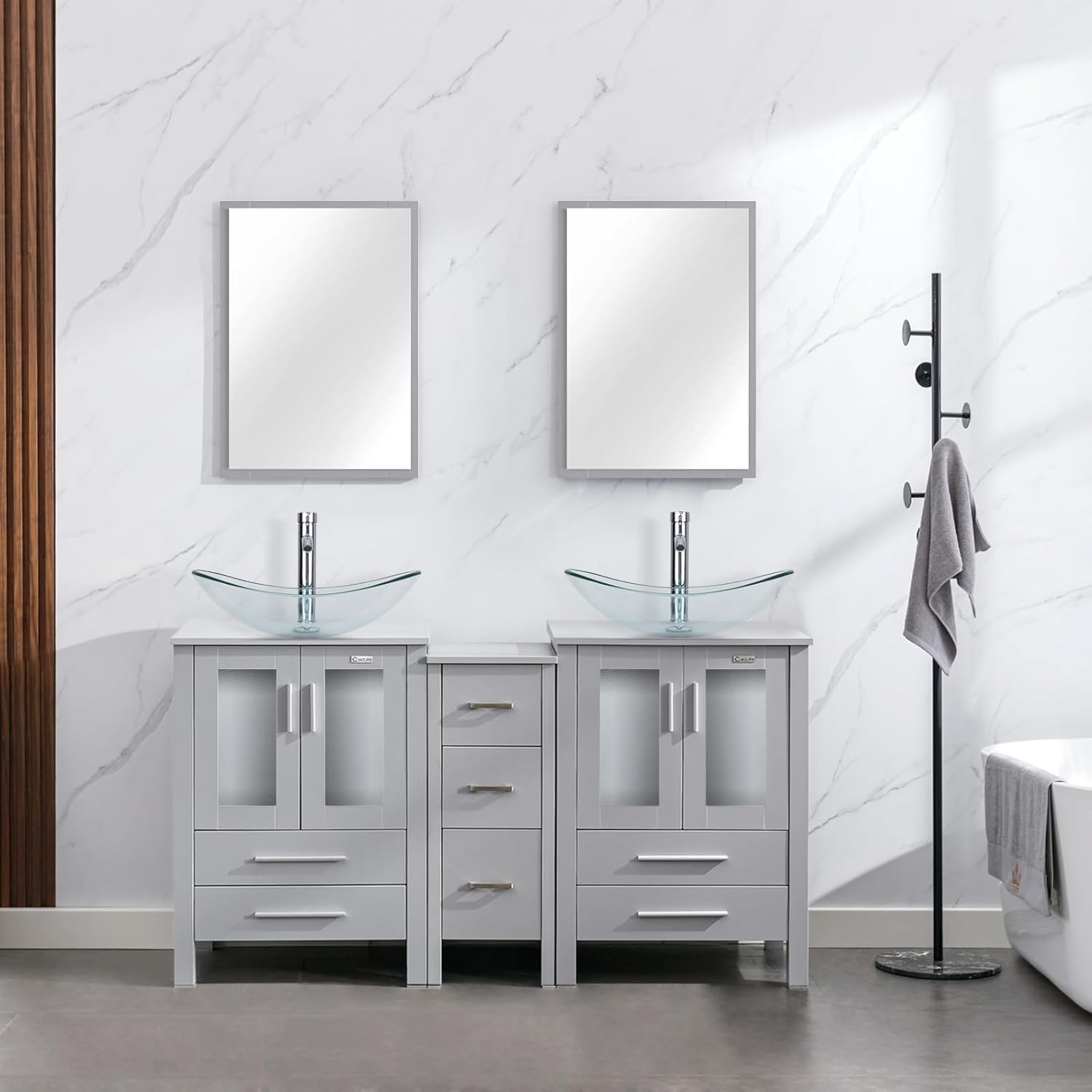 eclife 60" Modern Bathroom Vanity Sink Combo Freestanding Cabinet with Small Side Cabinet, Blue Boat Glass Vessel Sink, Water Save Faucet, Drain (Gray+A29BU)