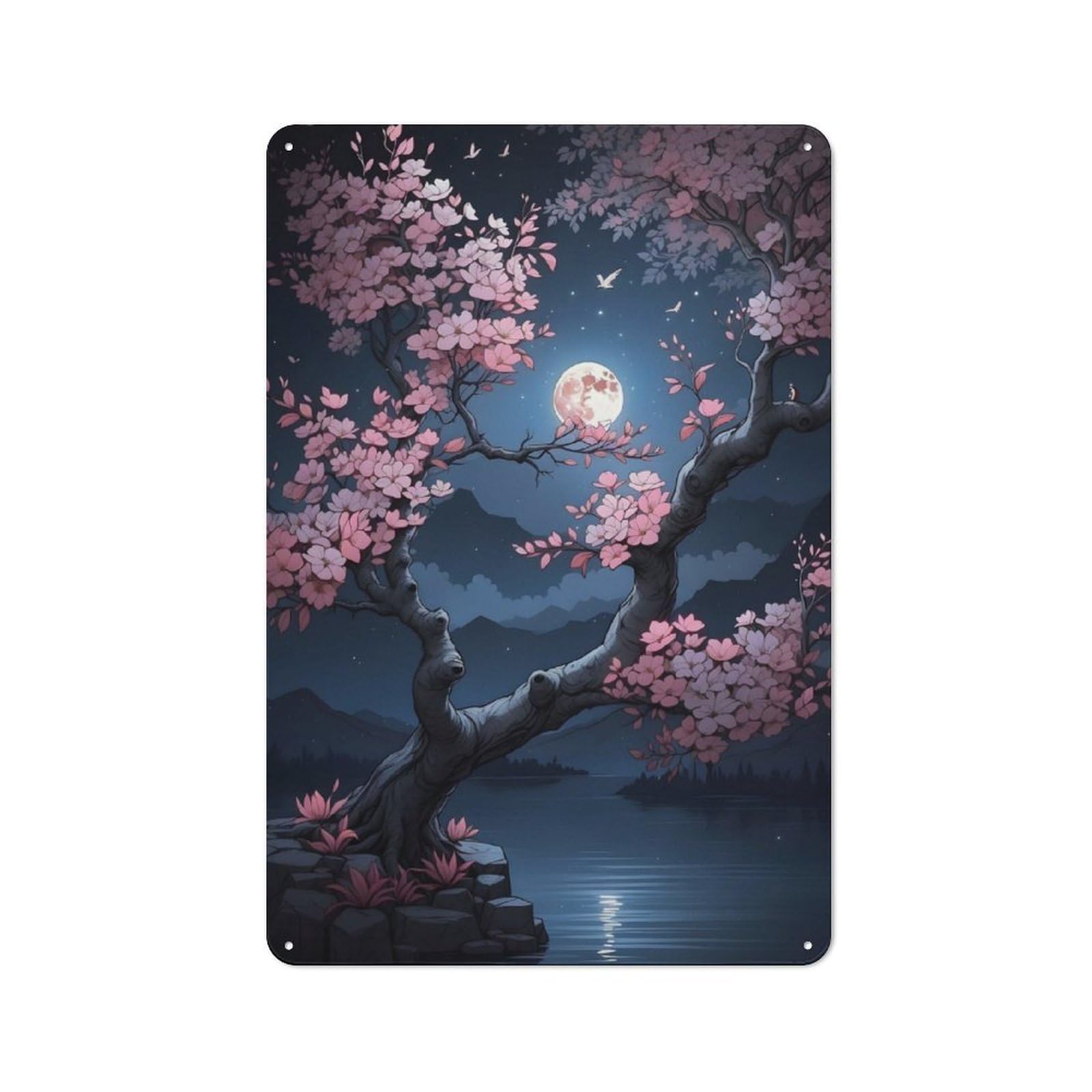 Junmoney Sakura Night Printed Metal Sign 30X20cm For Kitchen Or Home Bar, Housewarming Present For People Styling Kitchen And Home Bar