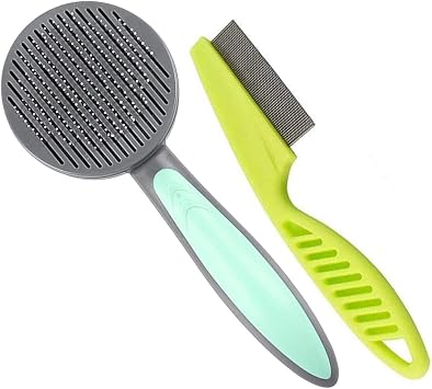 EasyULT Brush Comb Set for Dogs and Cats, Pet Grooming Kit, Self Cleaning Brush and CombGreen