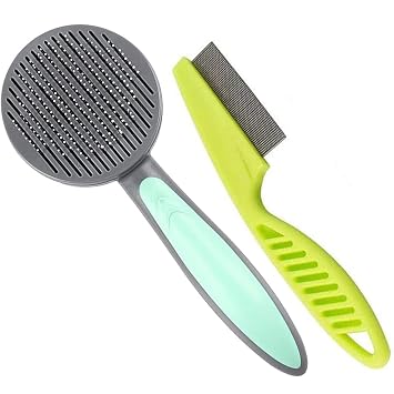 EasyULT Brush Comb Set for Dogs and Cats, Pet Grooming Kit, Self Cleaning Brush and CombGreen