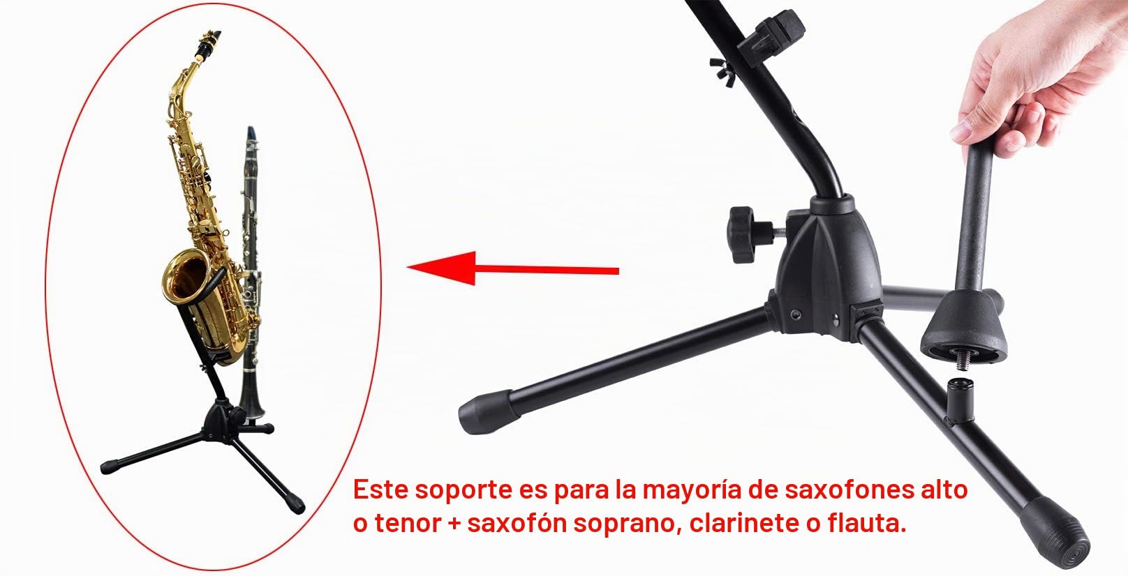 Rayzm Soporte para Saxofón Alto/Tenor con Soporte para Flauta/Clarinete Desmontable. Stand Portátil Graduable para Saxofón Alto, Saxo Tenor, Clarinete y Flauta. Patas Plegables, Fácil de Montar