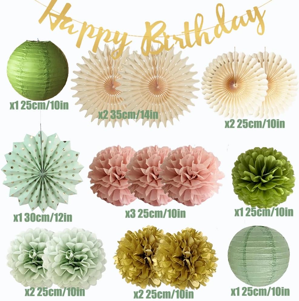 Olive Sage Green and Dusty Pink Birthday Decorations Pink Green Gold Birthday Decorations with Happy Birthday Banner Garland Sage Green Gold Paper Pom Poms for Girls Women Birthday Party Decor - Image 6