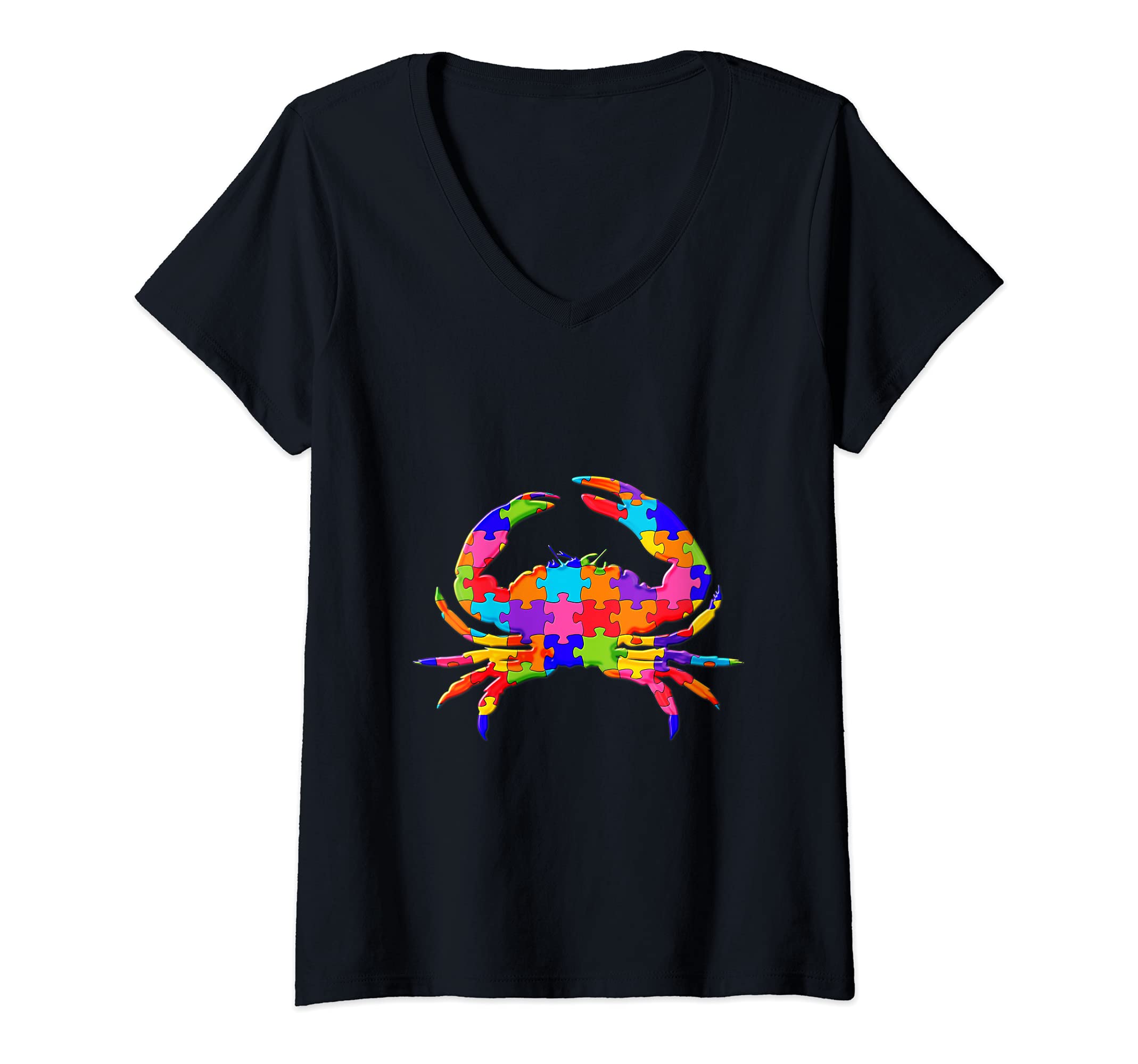 Womens Crab Animal Jigsaw Autism Puzzle V-Neck T-Shirt
