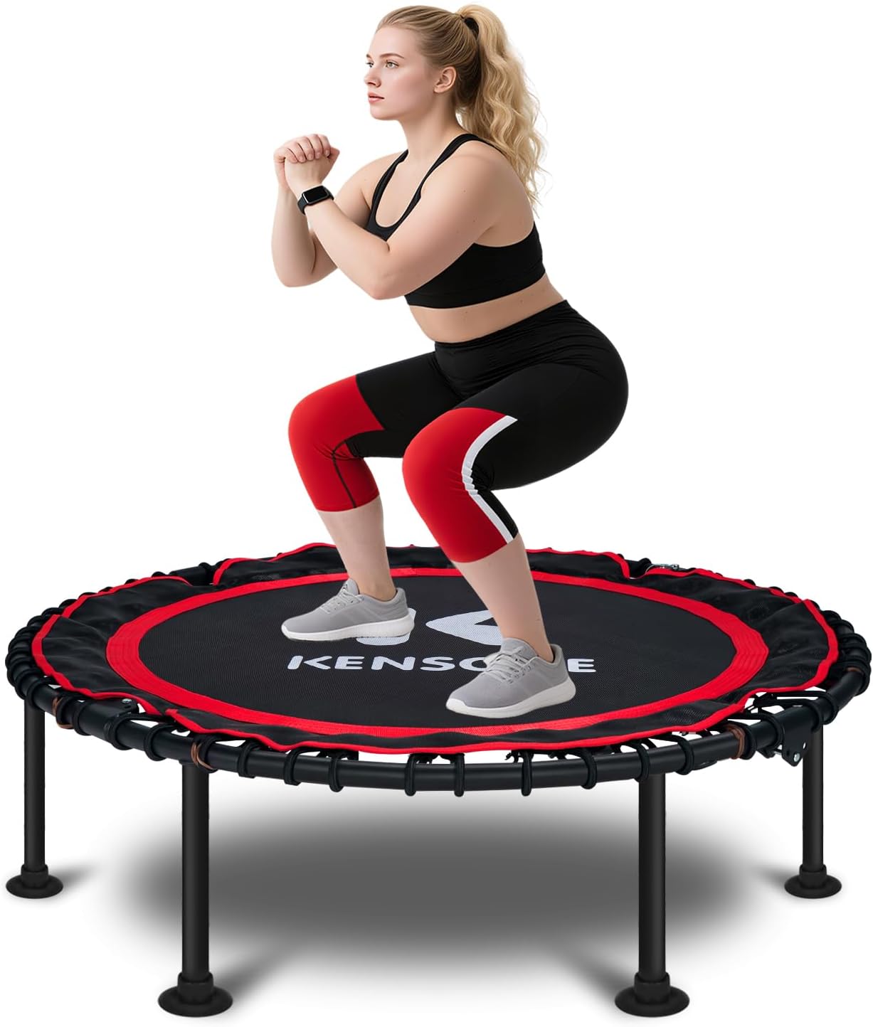 40/48" Foldable Rebounder Trampoline for Adults with Bungee, 450/550 LBS Quiet Indoor Mini Trampoline for Adults Fitness, Gym Workout, Home Exercise 40" without Bar Red