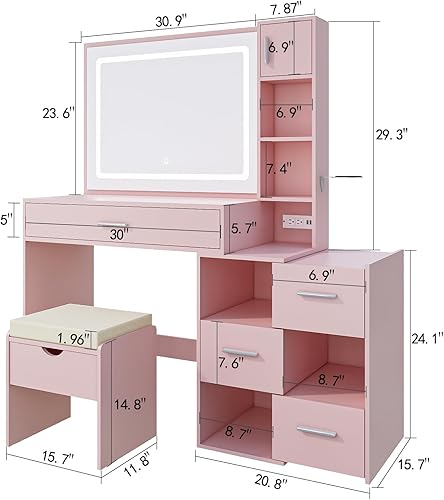 Miniatura 2 de Escritorio de tocador con espejo iluminado LED, mesa de maquillaje grande con taburete y mesita de noche móvil, 6 compartimentos abiertos, tocador