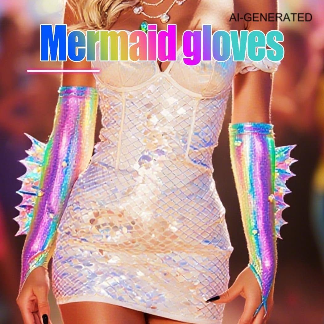 GORTIN Light up Mermaid Fingerless Gloves Elbow Length Cosplay Glove Rave Costume Accessories for Women
