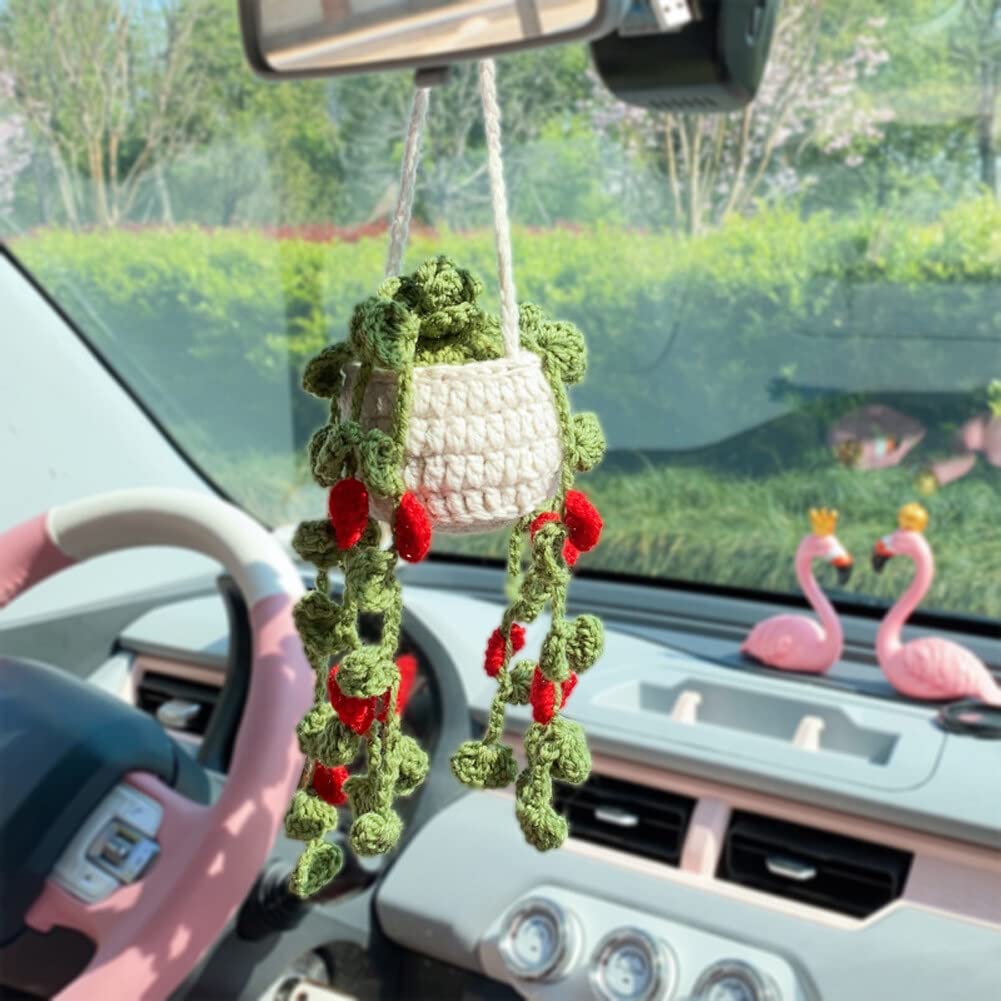 Pendentif Rétroviseur Fleur Crocheté Main - Décoration Voiture Bohème Rose - Coton, Longueur ~41cm - Cadeau Original - 9