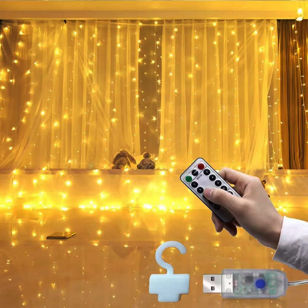 Necomi 300 LED Bedroom Curtain String Fairy Backdrop Lights,USB Powered 8 Lighting Modes Twinkle String Lights Hanging with Remote Control,Indoor,Outdoor,Party,Christmas Décor (Warm white)
