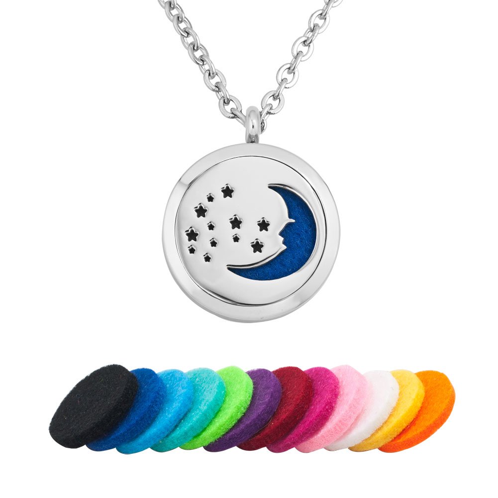 Moon And Star Aromatherapy Necklace Essential Oil Diffuser Locket Pendant, 12 Refill Pads