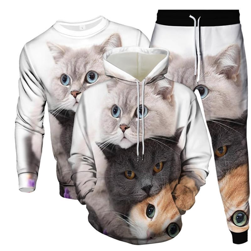 Set Tuta da Uomo Felpe con Cappuccio Stampate in 3D Cute Cat Animal + Felpa + Joggers Set da 3 Pezzi Set Maglione Casual