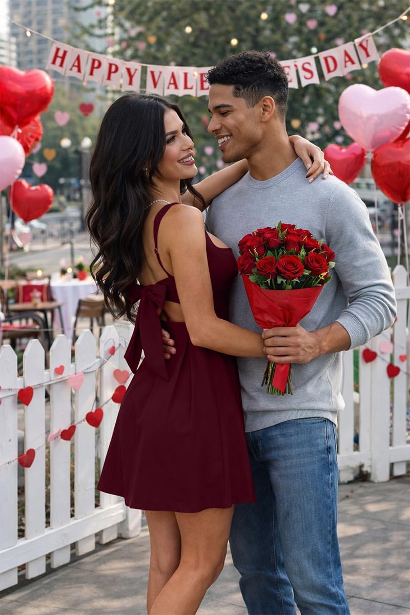 YMDUCH Women's Sexy Sleeveless Square Neck Adjustable Straps Bow Tie A-line Mini Party Club Dress - Image 4