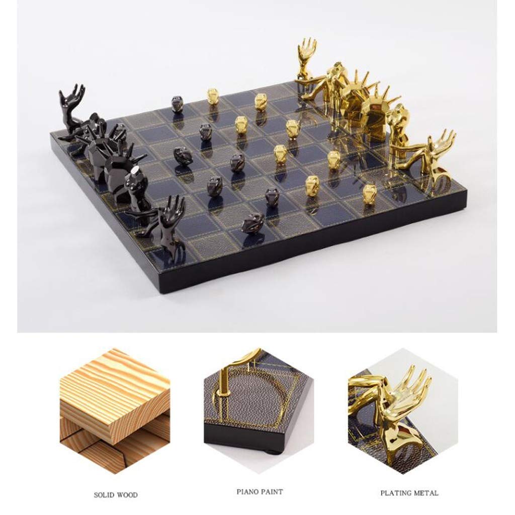 MU Scacchi in Metallo Scacchi Pezzi Solidi Di Legno Scacchiera High Grade Giochi Di Scacchi Professionali Set Soggiorno Regalo Del Mestiere Ornamenti Chess Set,Nero