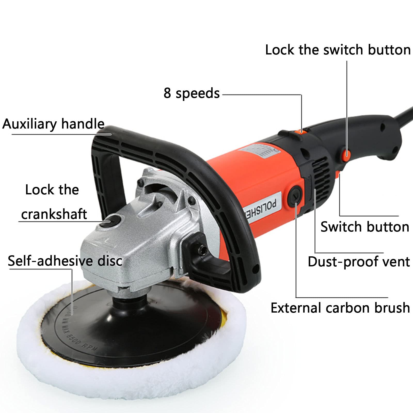 Lucidatrice Auto, Rotorbitale Lucidatrice Eccentrica, 600-3600 RPM Lucidatrice e Levigatrice per Auto, 8 velocità Variabile, Avvio graduale, Impugnatura Ausiliaria, Vari Accessori,Orange