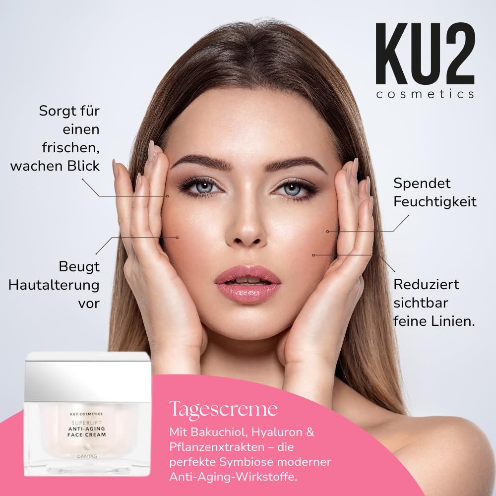 KU2 Cosmetics Crema de día antiedad Superlift, efecto lifting e hidratación intensa, cuidado antiarrugas para una piel firme, fabricada en Alemania, 50 ml