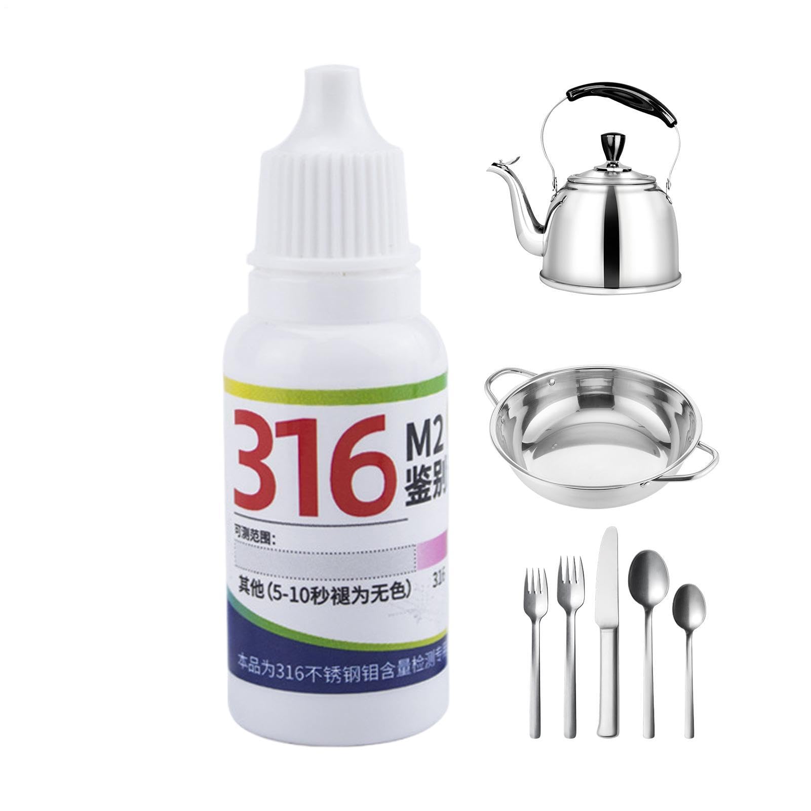 Tester ze stali nierdzewnej, 15 ml, szybki detektor – płyn identyfikacyjny ze stali nierdzewnej 316, nadaje się do naczyń stołowych, przyborów kuchennych, kontroli jakości, materiałów budowlanych