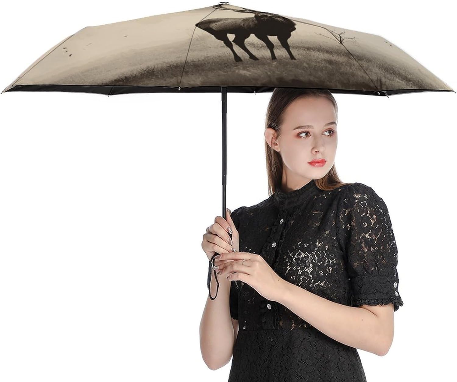 Abstract Tree Elk Picture Compact Travel Umbrella, Portable Folding Umbrella for Rain, Lightweight & Packable Automatic Umbrellas for Women Men Backpack Purse Easy Collapse