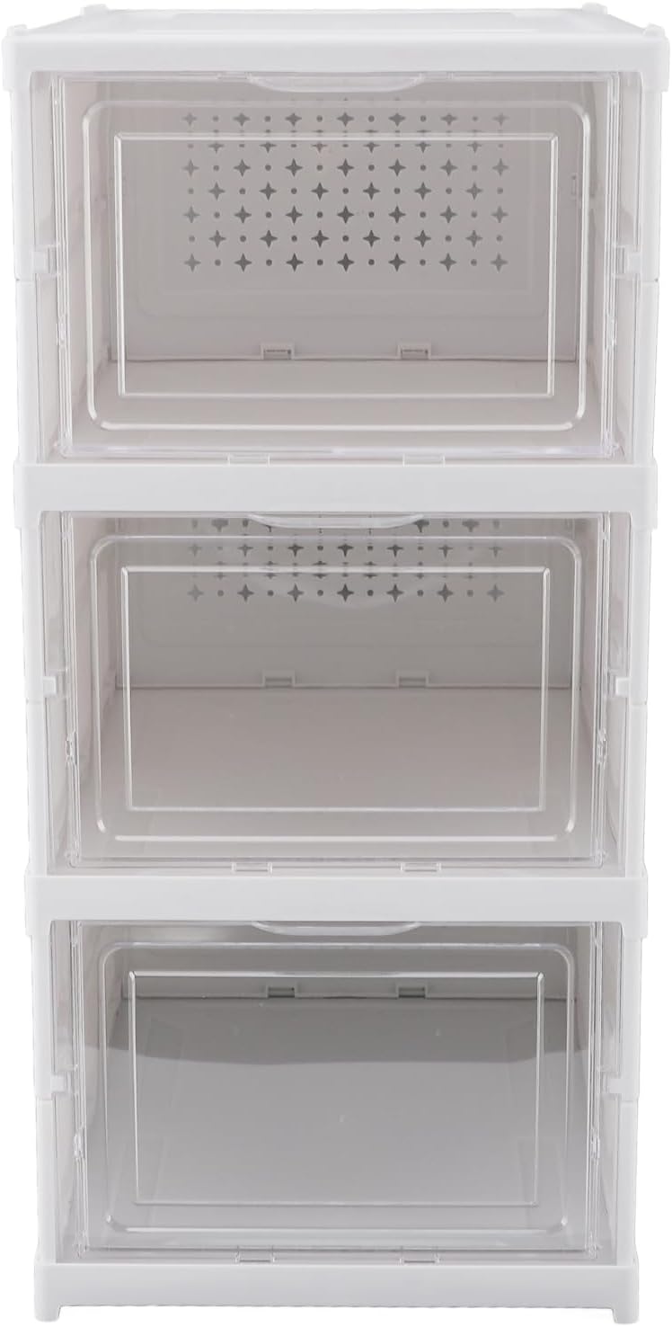 Collapsible Clear Plastic Shoe Storage Box, Stackable Shoe Organizer for Closet, Foldable Sneaker Container with Transparent Front, Space Saving Shoe Rack for Heels Flats (3 Tiers)