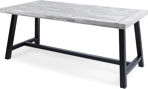 Miniatura 7 de Mesa de comedor de madera de chorro de arena gris claro al aire libre con metal rústico negro e