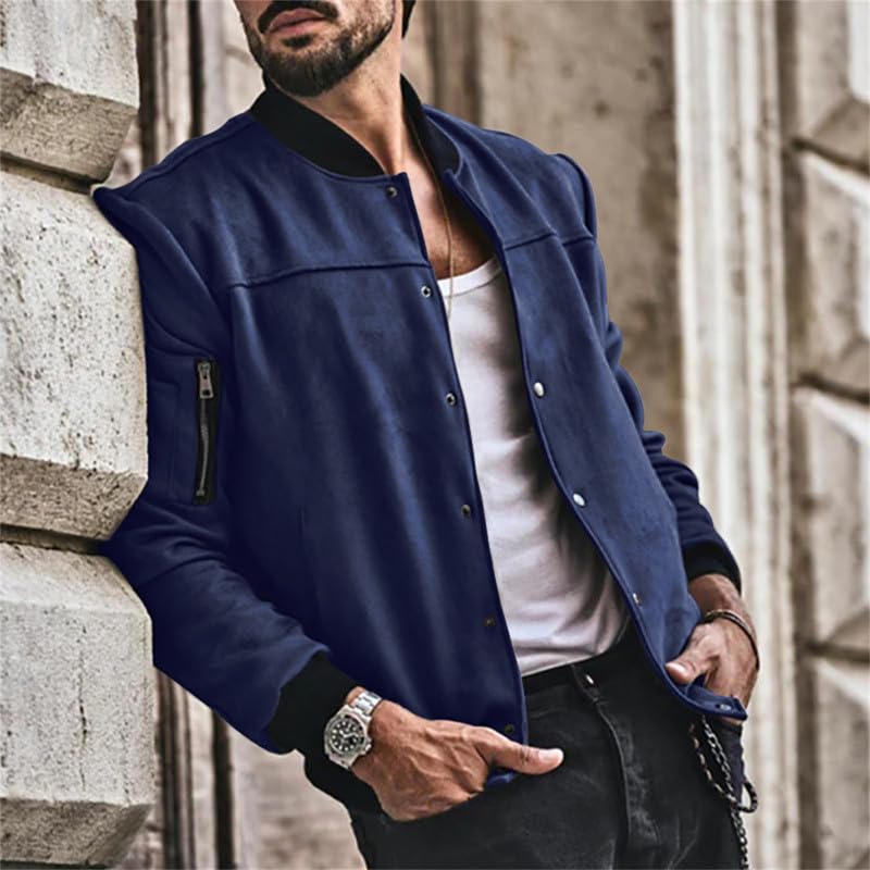 Image of Mens Faux Suede Bomber Jacket Varsity Jacket Windbreaker Vintage Casual Lightweight Leather Coats Jackets