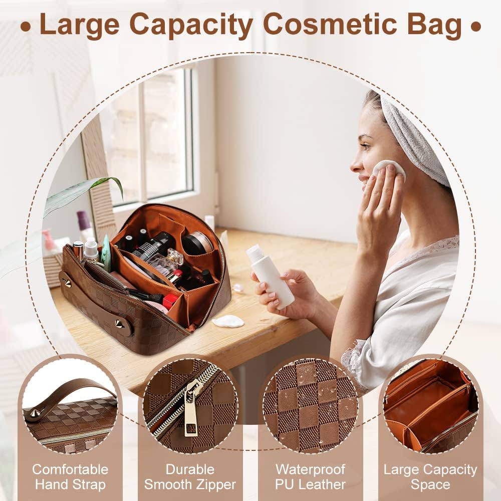 Cessfle Large Capacity Travel Cosmetic Bag Plaid Checkered Makeup Bag Portable Leather Waterproof Skincare Bag with Handle and Divider for Women 01-Brown