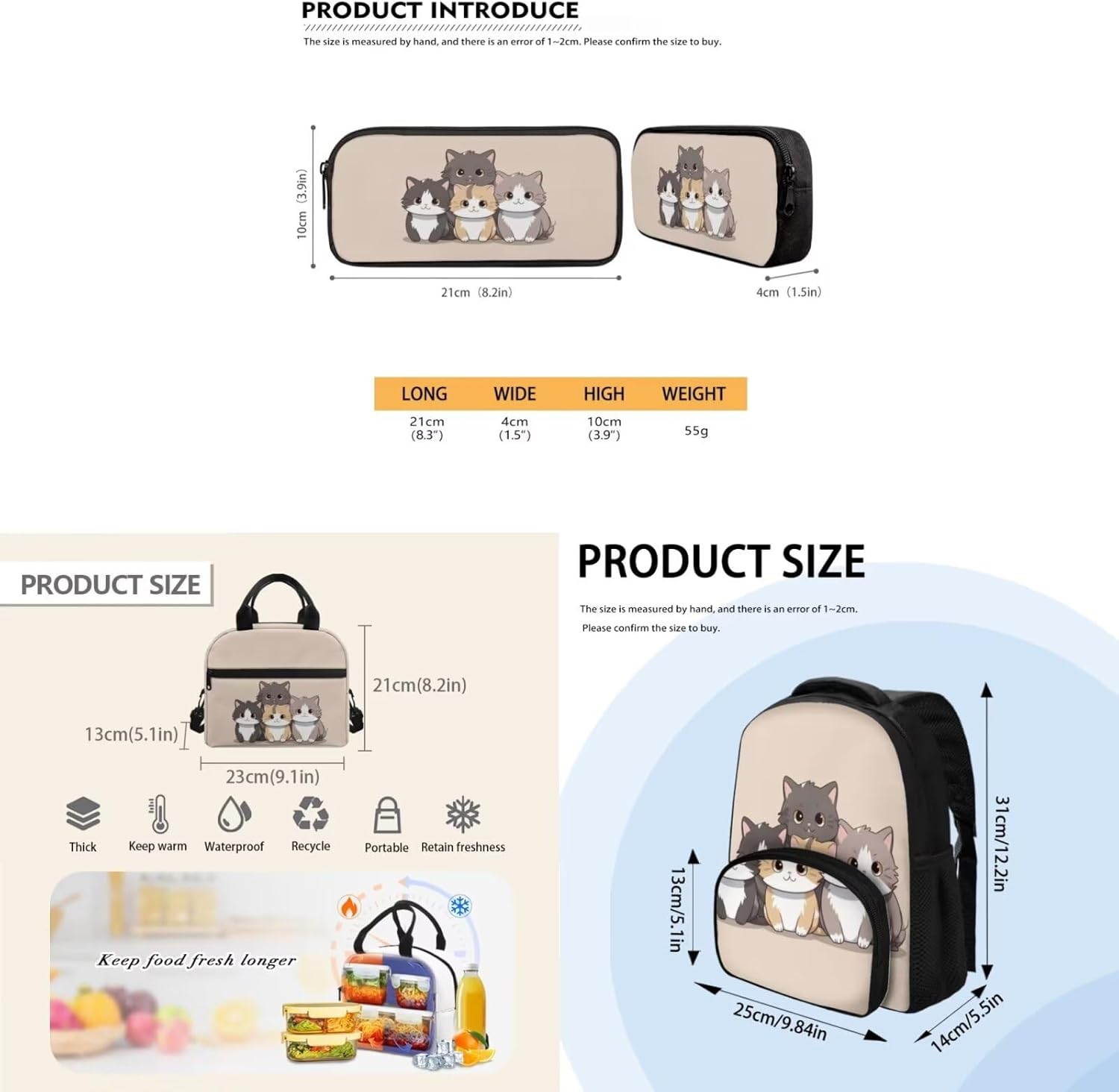 3PCS Lovely Cat Backpack for Girls Boys Kids School Backpack Set with Lunch Box Pencil Case Lightweight 12 Inch Backpack 3 in 1 Set for Teens Kindergarten Elementary School Students