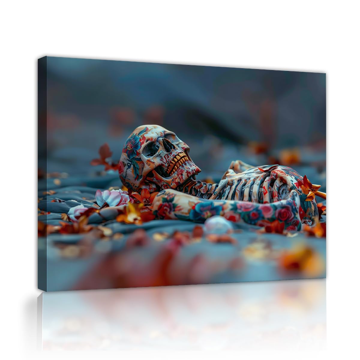 YUNART Gothic Tattoo Skull Canvas Wall Art Romantic Full Skeleton with Flowers Prints Vintage Dark Academia Picture for Bathroom Living Room 75x95cm Innerframe