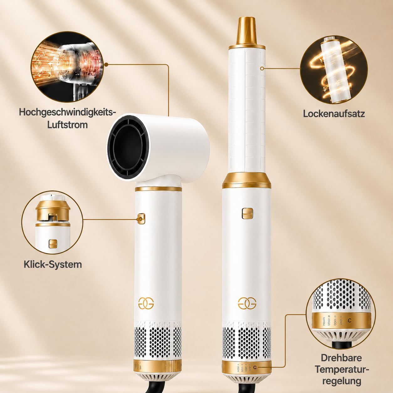 Airstyler 5-in-1, Multifunktionaler Hairstyler Set mit Warmluftbürste, Ionen Föhn, Professioneller Haar styler, Lockenstab Automatisch, Volumen Föhnbürste, Glätten und Locken, Zum Styling