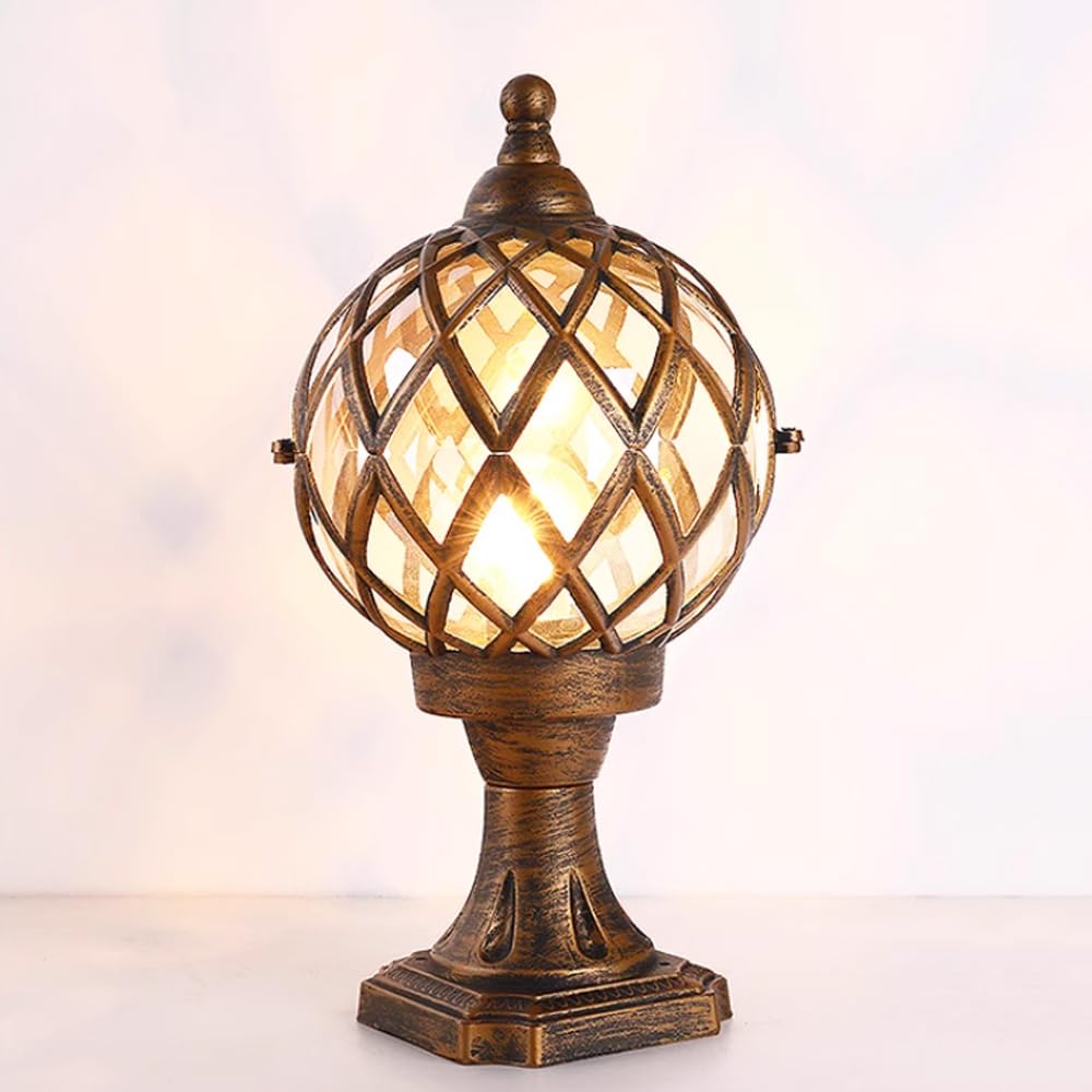 YVAMNAD Post Caps Lights Rustic Bronze Outdoor Post Lighting Fixture Victorian Globe Amber Glass Column Lights Exterior Waterproof Pedestal Lantern Housing Porch Stone Pillar Lamps Fence DecK Terrace