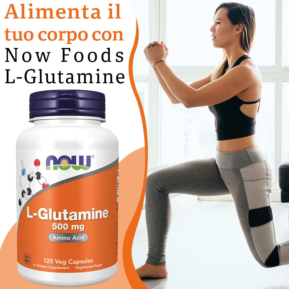 Now Foods, L-Glutamine (L-Glutammina), 500 mg, 120 Capsule vegan, Testato in Laboratorio, Aminoacido, Senza Glutine, Senza Soia, Vegetariano
