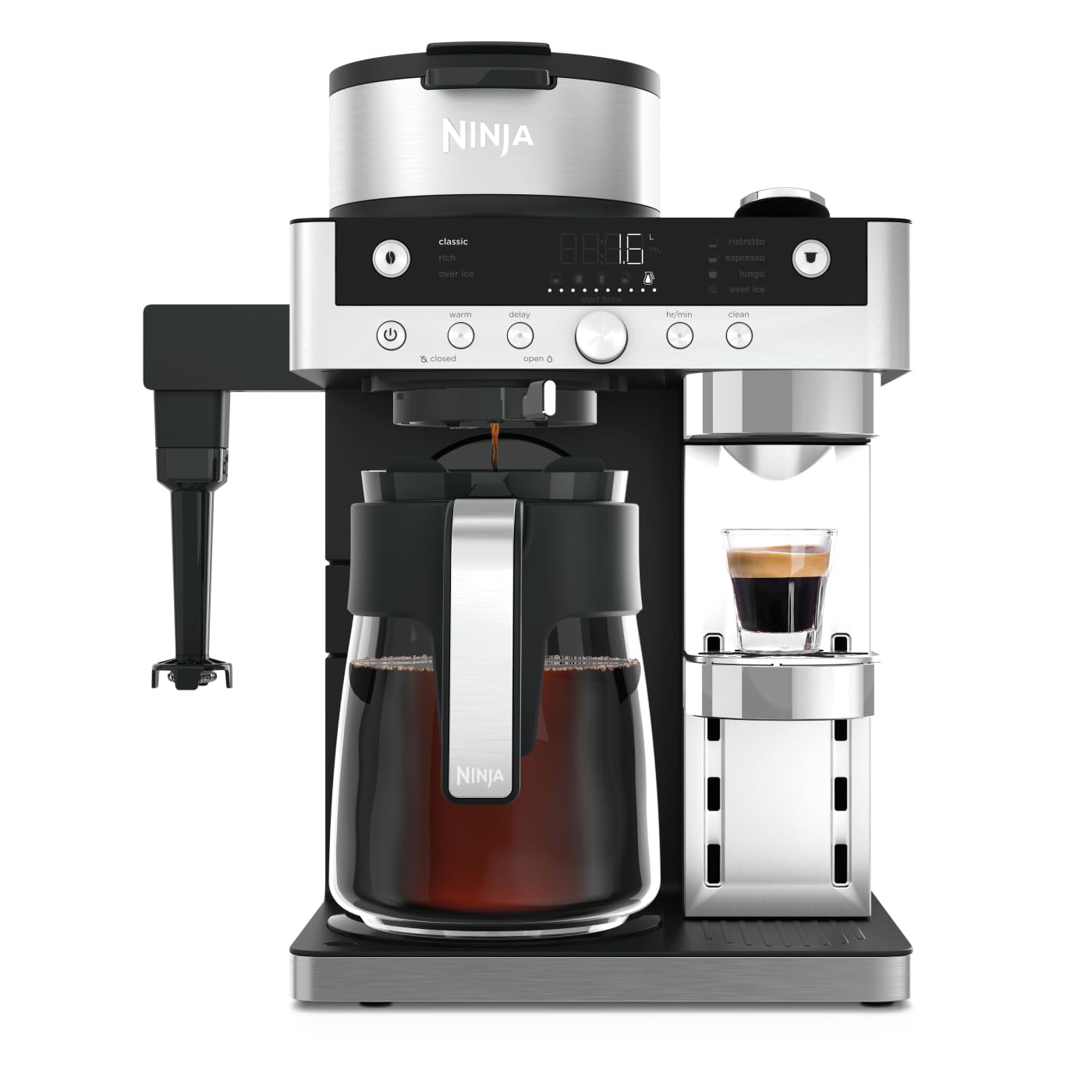 Ninja Prestige Machine à café filtre et capsules 2-en-1 Ninja Prestige avec buse à lait intégrée, pour réaliser lattes, cafés glacés et flat whites, Noir CFN802EU