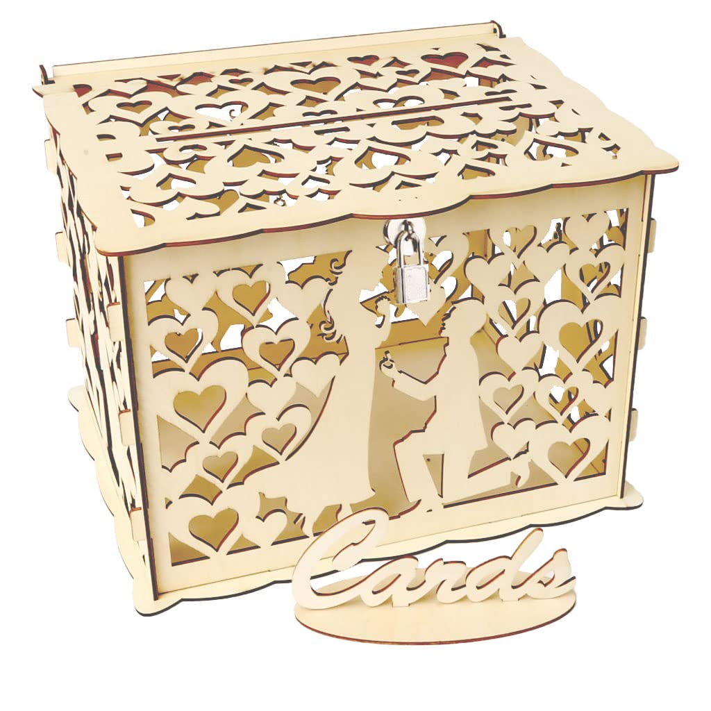 Wedding Card Box,Wooden Exquisite Card Box,DIY Envelop Gift Money Card Container,with Lock,for Reception Decoration（Wood color）