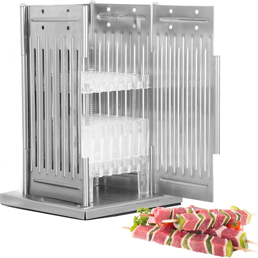 Máquina de pincho de carne de acero inoxidable de 49 agujeros, caja para hacer brochetas, herramienta para barbacoa, con 100 palos de bambú, altura ajustable, máquina de parrilla de carne de cordero