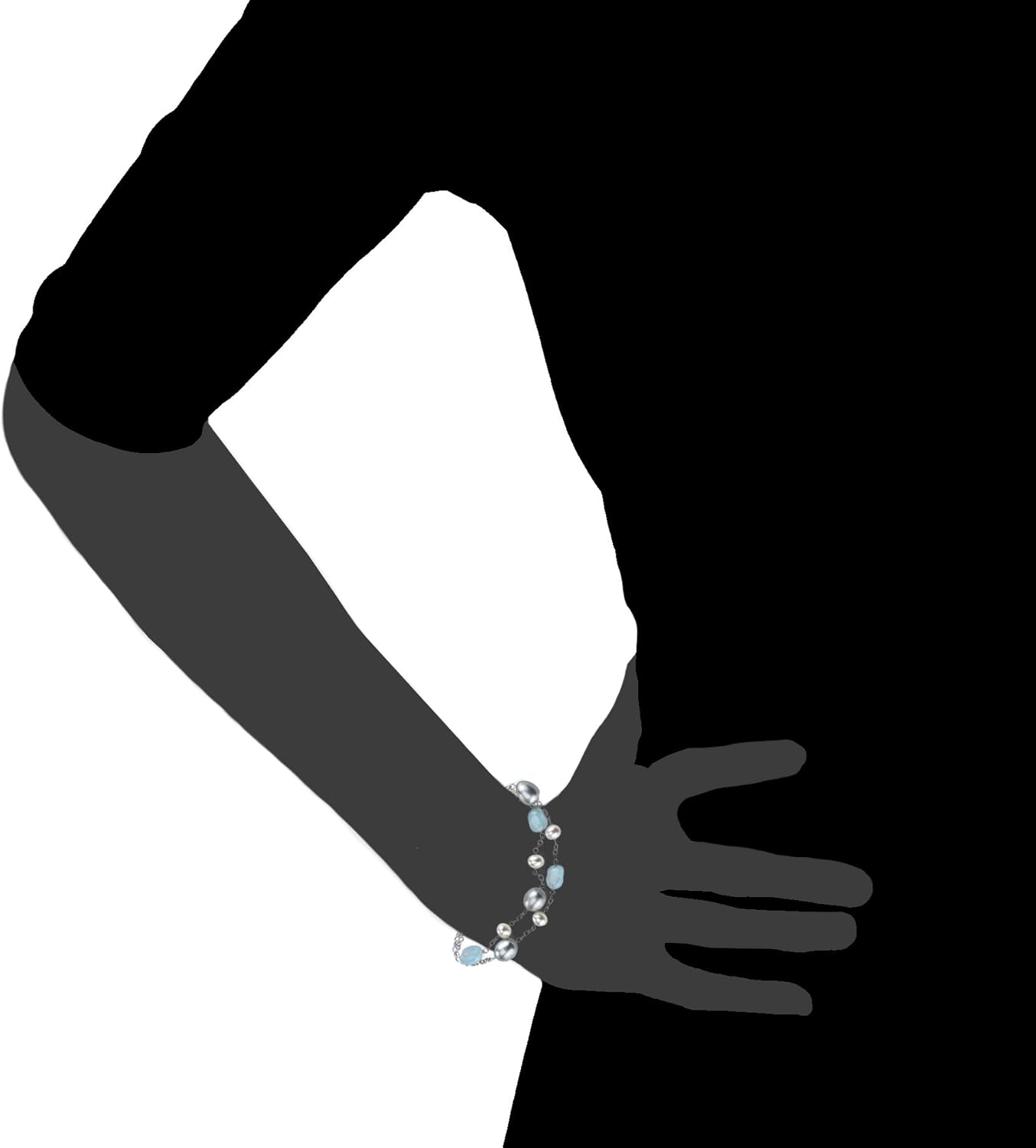 Belacqua Milky Blue Aquamarine and Pearls Chain Station Tin Cup Bracelet in Sterling Silver, Length- 7.5 Inches, Real Pearl Jewelry for Women, Gift Box Included