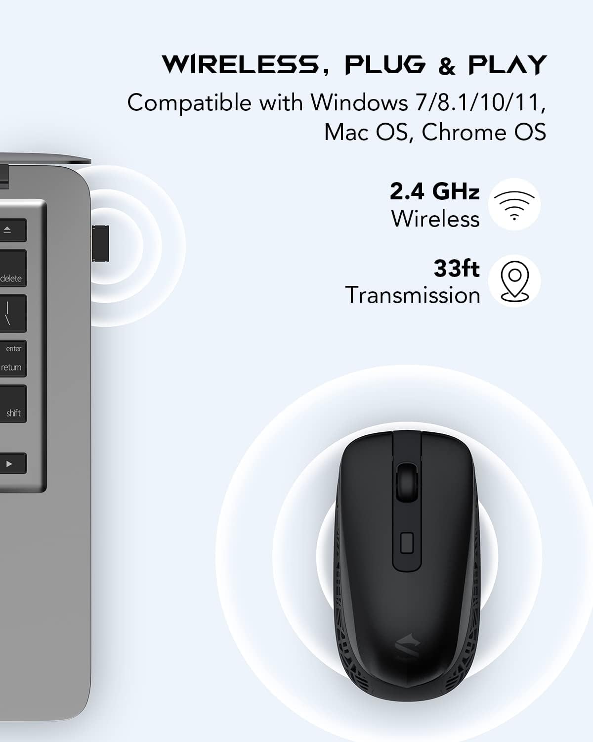 Black Shark Wireless Mouse Silent, 3 Adjustable DPI,95% Noise Reduce Quiet Click Mouse for Computer Laptop Mac Office 2.4 GHz Reliable Connection Type C Rechargeable Ergonomic Cordless USB Mouse