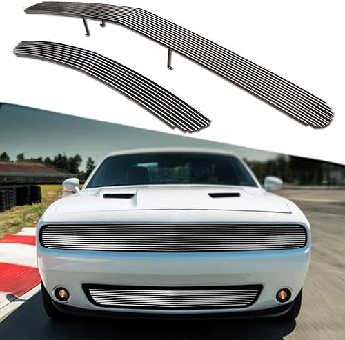 Rejilla delantera cromada Billet Inserto de rejilla Combo compatible con Dodge Challenger Phantom 2015-2021 (Plateado+Principal superior+Parachoques