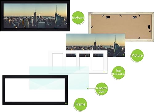 Miniatura 6 de Golden State Art, Portarretratos de madera maciza con vidrio templado, 8 x 20 pulgadas, color negro, formato horizontal y vertical para pared, marco