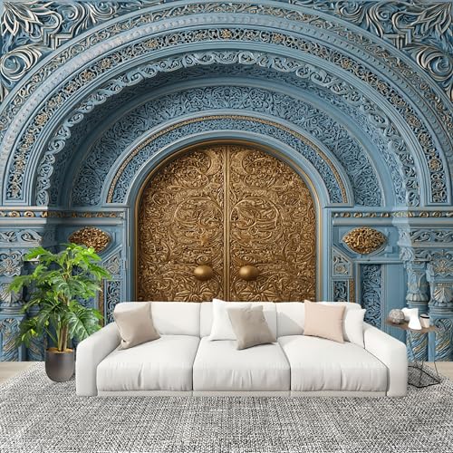 Mural de Interior Fotomurales 200x140 cm PatróN En Relieve de Estilo Europeo Tejido No Tejido Fotomurales Papel Pintado Azul Pared Panorámico para Dormitorio Salón TV Pared Murales Póster