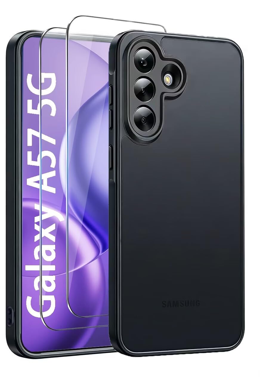 Handyhülle für Samsung Galaxy A57 5G Hülle mit Kameraschutz und 2 Stück Panzer Schutz Glas [Militärstandard] Matt Durchscheinende Rückseite Anti-Fingerabdruck Stoßfest Schutzhülle Case, Schwarz