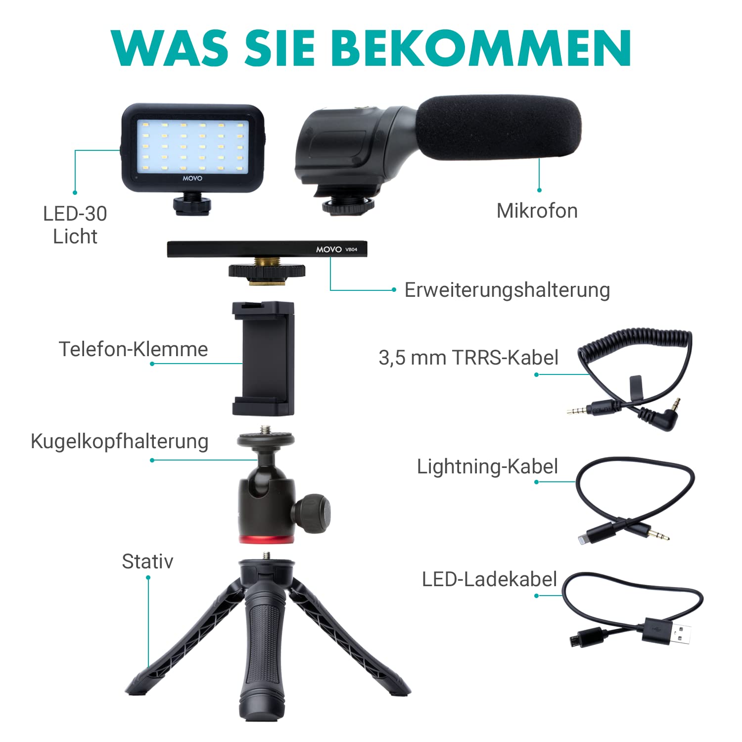Movo iVlogger Vlogging-Kit für das iPhone - Lightning-kompatibles Video Vlogging Set - Zubehör: Handy Stativ, Handyhalterung, LED-Licht und Richtmikrofon - YouTube Starter Set oder iPhone Vlogging