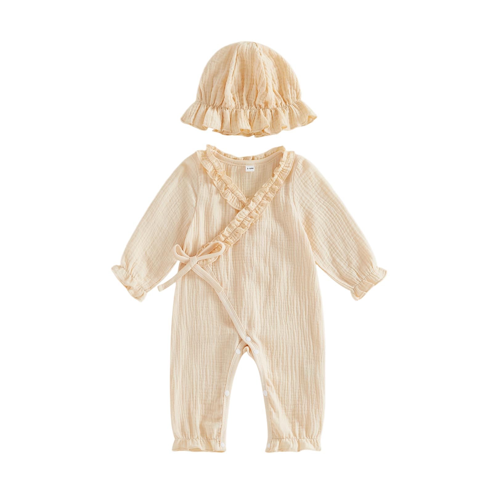Muspeczenith Baby Coming Home Outfits Long Sleeve Wrapped Tie Romper and Hat 2 Piece Set (Apricot, 0-3 Months)