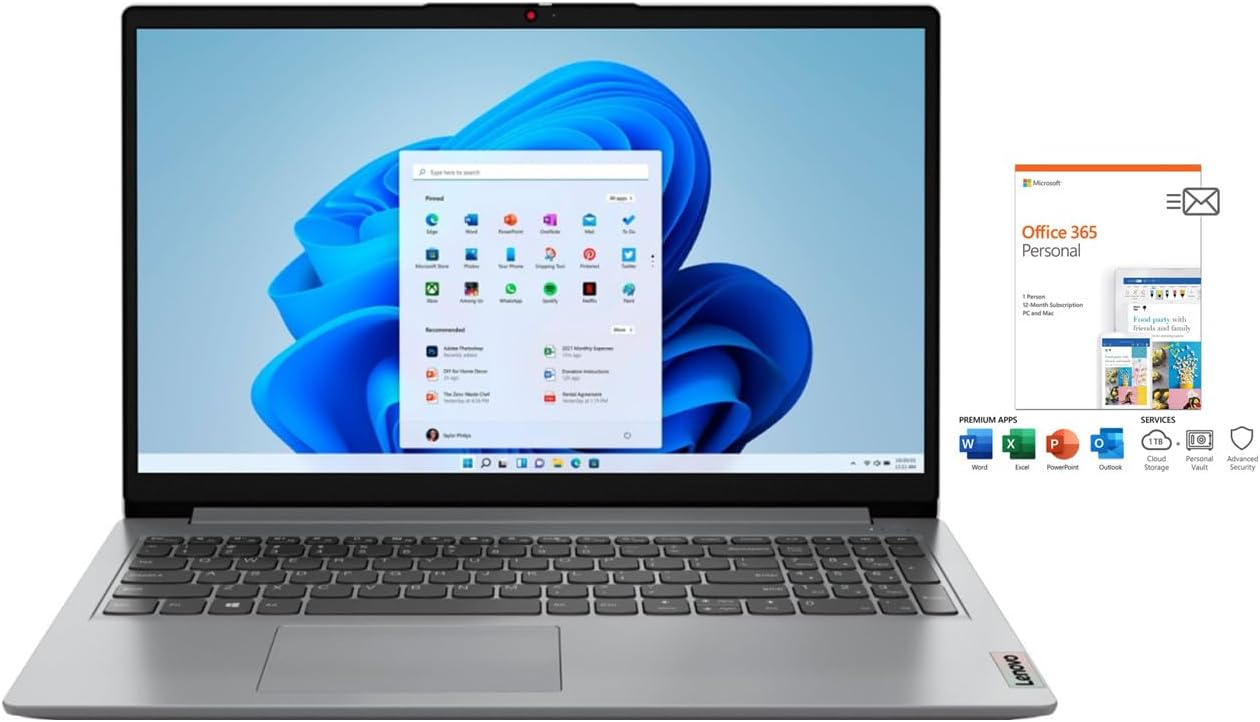 Lenovo Ideapad 1 15.6" HD Laptop | AMD Athlon Silver 7120U Processor | 4GB RAM DDR5 | 128GB SSD | AMD Radeon Graphics | Windows 11 Home | Grey | Bundle with Office 365