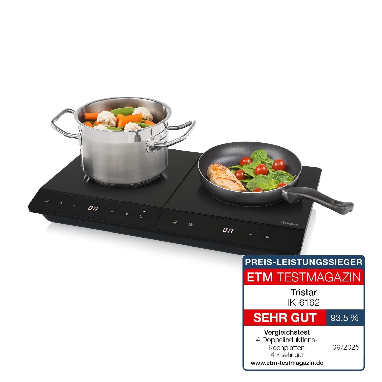 Tristar Placa de inducción doble, ⌀19 y ⌀16 cm, 10 niveles de potencia, 3500 W, de bajo consumo, temporizador integrado, con protección contra sobrecalentamiento, IK-6162