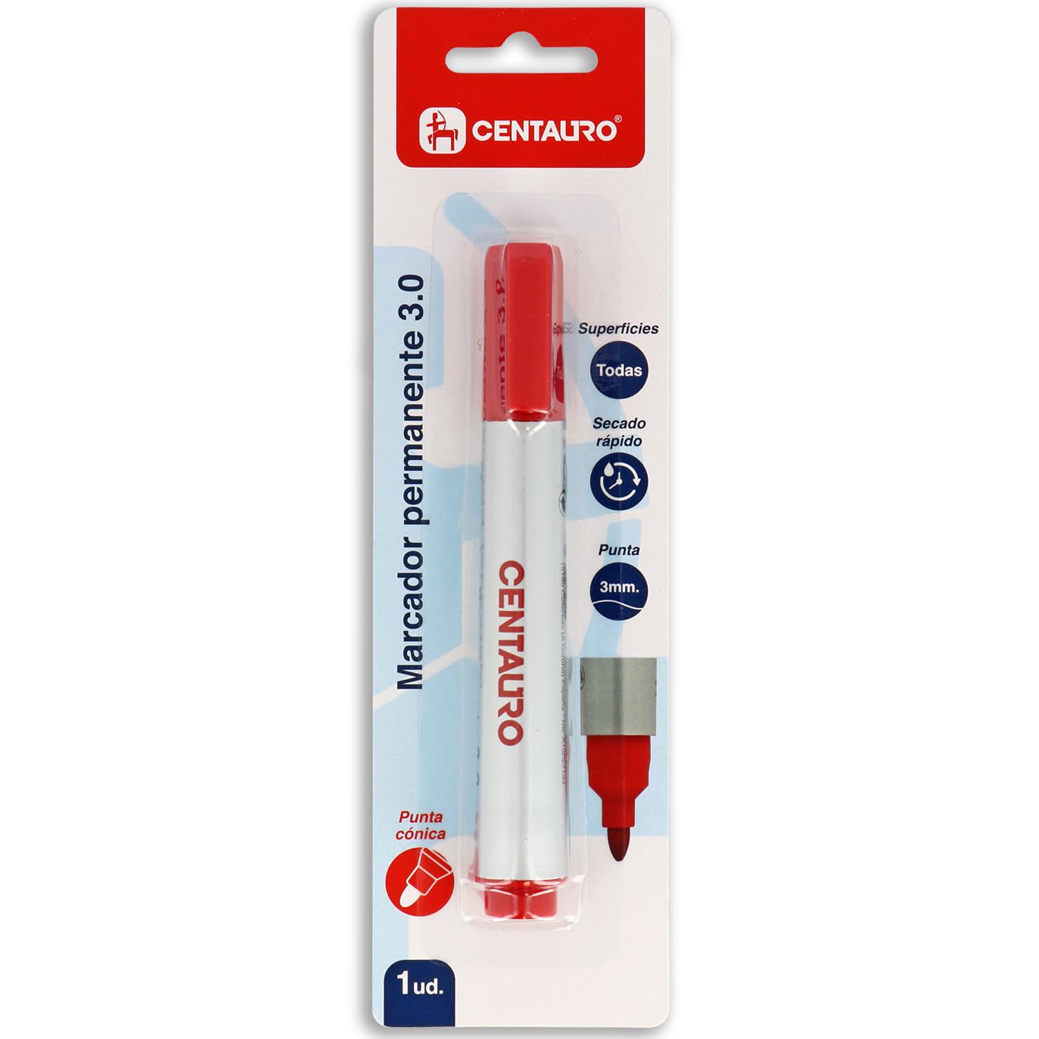 Centauro - Rotulador Permanente Rojo, 3mm, Punta Cónica, Secado Rápido, Tinta con Base Aceite, Apto Todo Tipo de Superficies, Metal, Cristal, Estaño, Plastico, Film Fotográfico, Madera, Papel y Cartón