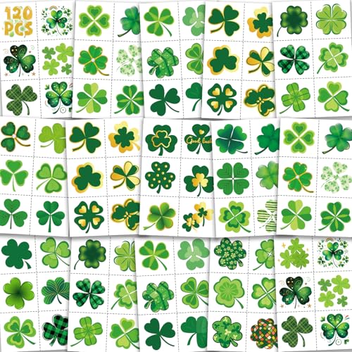 120Pcs Shamrock Temporary Tattoos Bulk - St Patricks Day Tattoos Pre Cut Design Saint Patricks Patty Face Tattoo Stickers Adults Lucky Irish Makeup Party Favors Supplies Traditional Holiday Festival