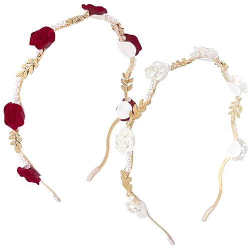 Miniatura 8 de OIIKI 2 diademas de color rosa para mujer, diademas florales de metal dorado y blanco, diadema de perlas para el cabello, accesorios de joyería para